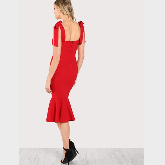 Red Fishtail with Strap Ties Dress Bodycon Midi - Picture 3 of 8